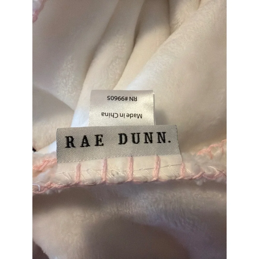 Rae Dunn White Plush Faux Fur Throw Blanket Pink Whipstitch Edge Farmhouse Decor